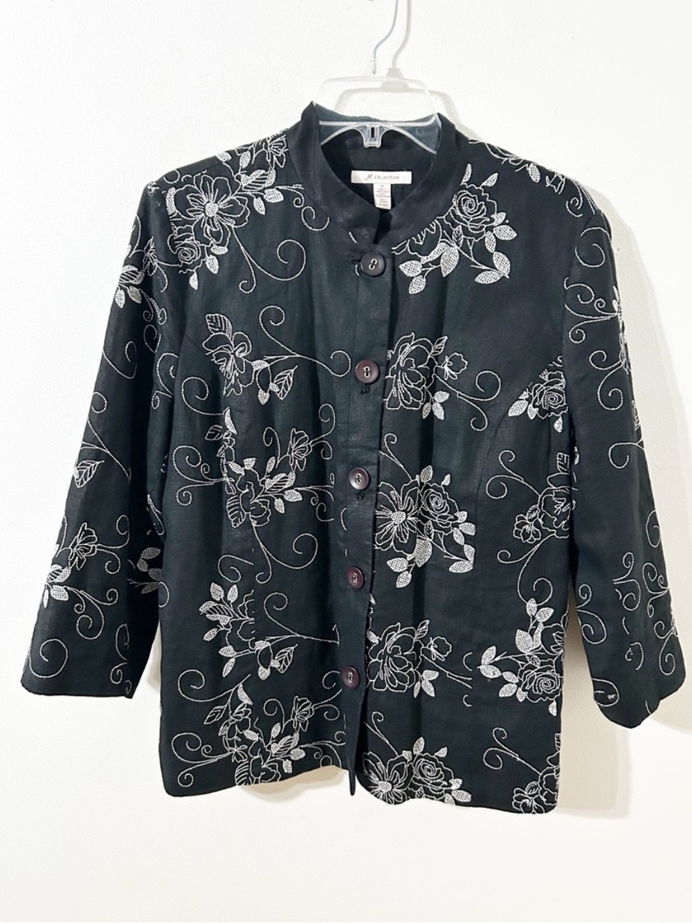 JM Collection Linen Black Embroidered Mandarin Collar Button Up Jacket Size 14